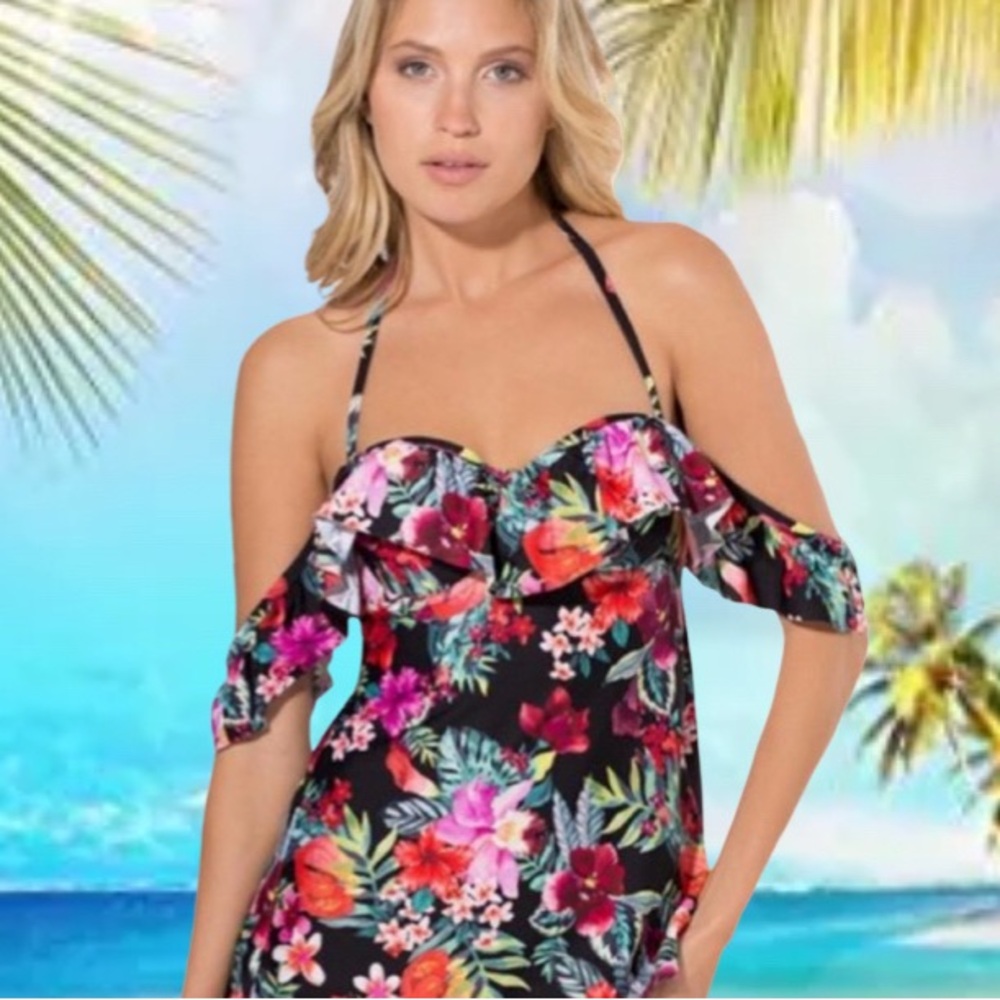 Smart & Sexy Swim Floral Ruffle Off-Shoulder Underwire Tankini Top, 36D